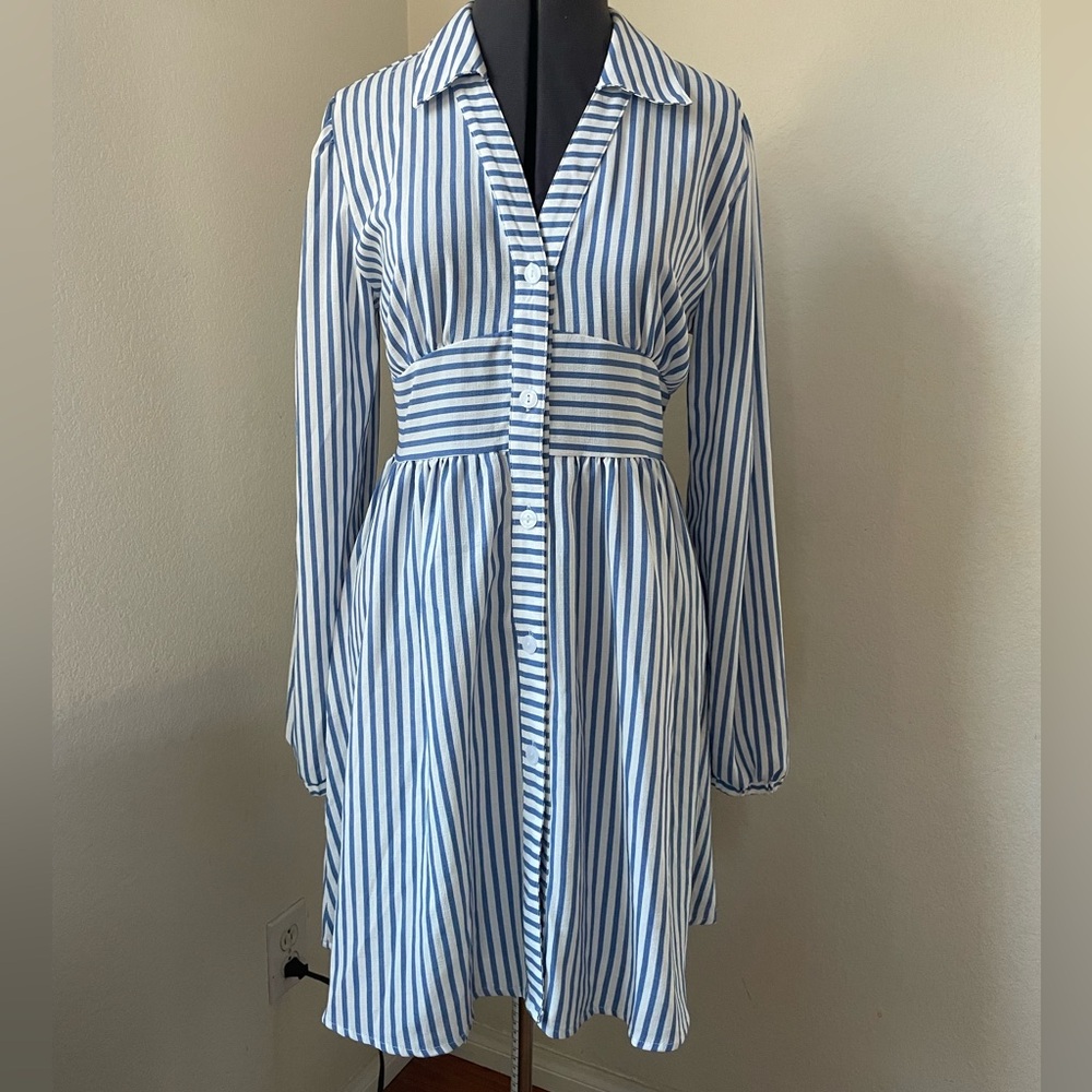 Blue and White Long Sleeve A-Line Shirt Dress